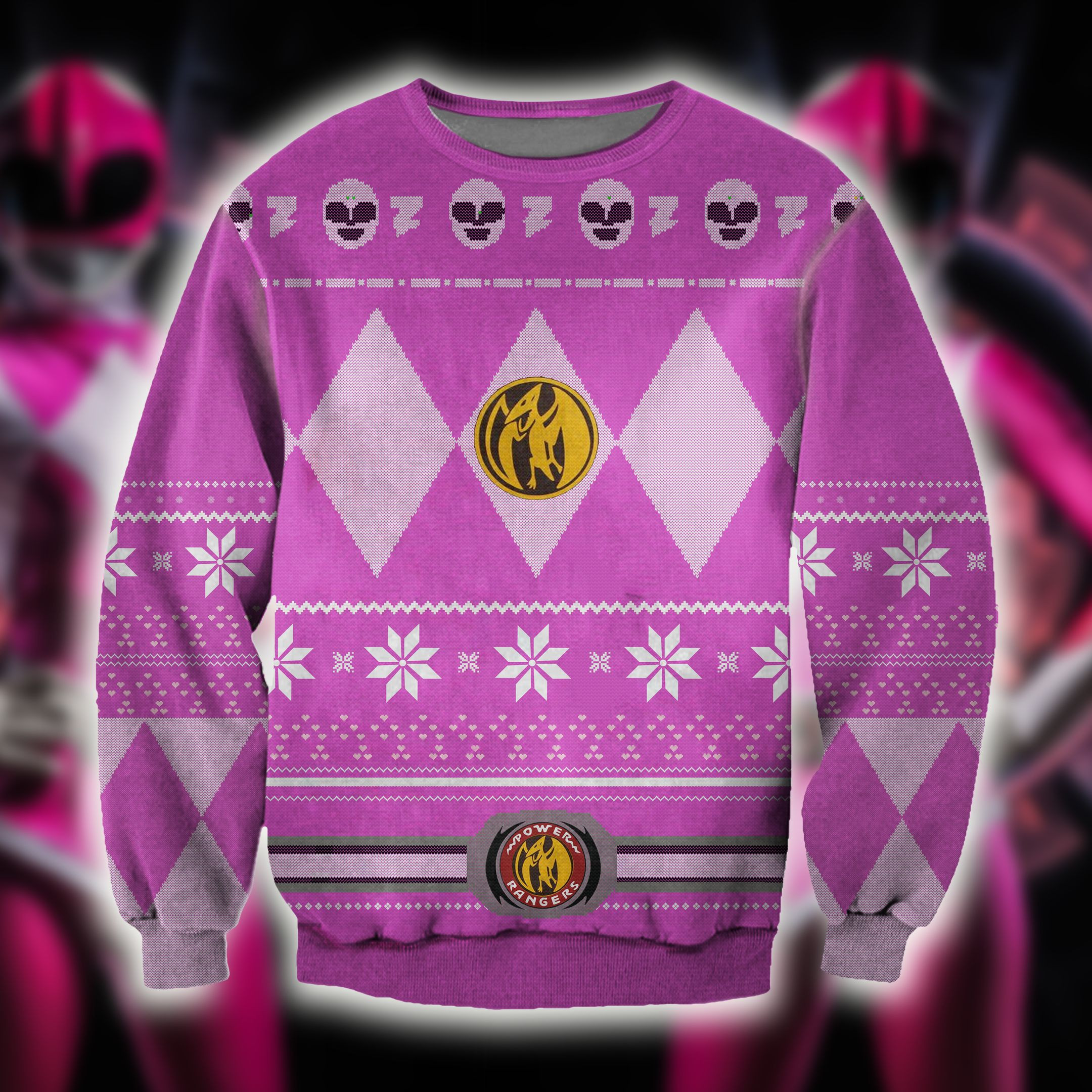 Power Rangers Knitting Pattern 3D Pink Print Ugly Christmas Sweater Adult 3D Funny Matching for family