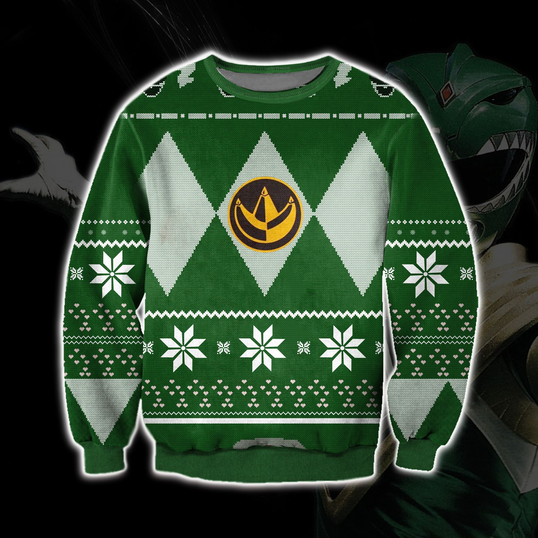 Power Rangers Knitting Pattern 3D Print Green Ugly Christmas Sweater Adult 3D Funny Matching for family