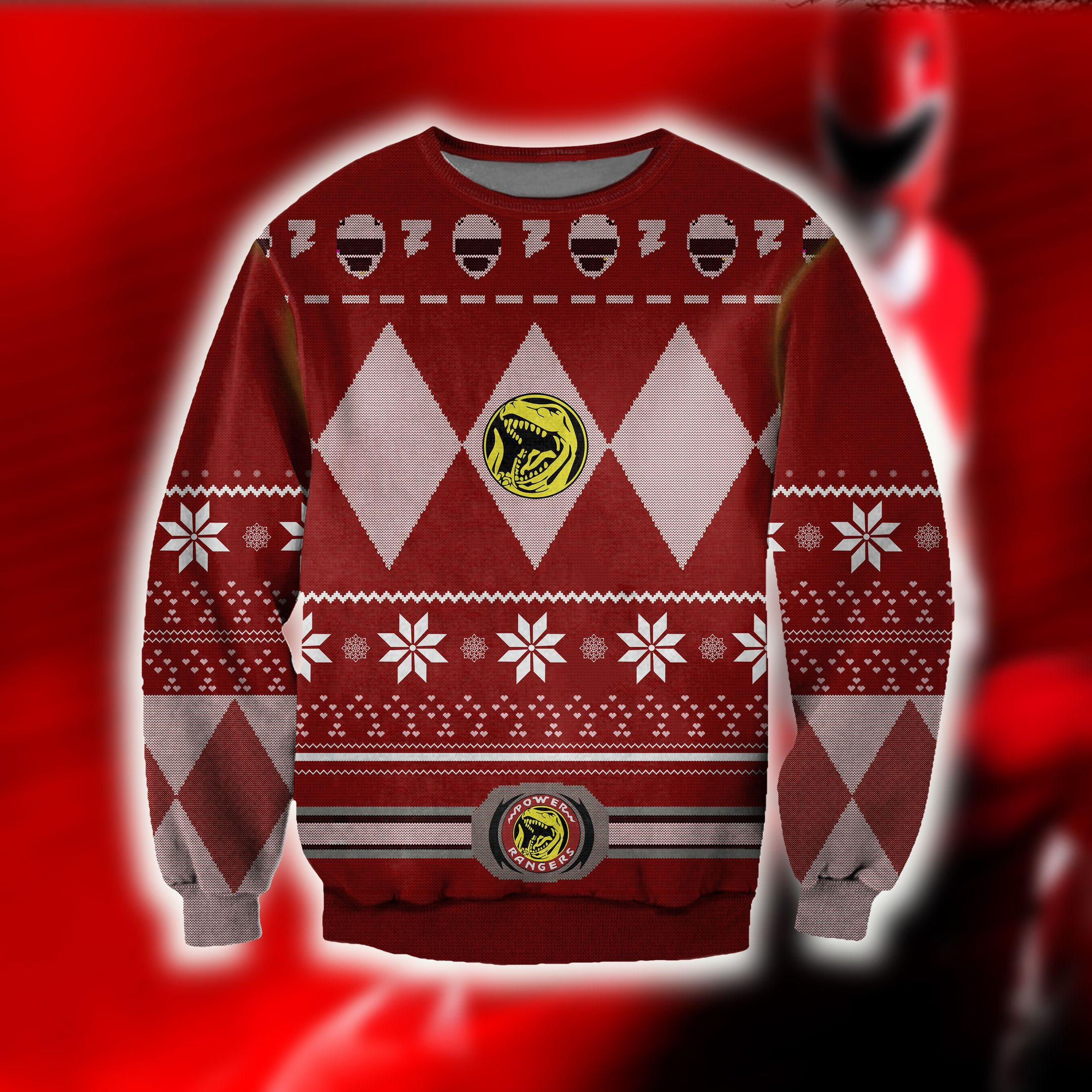 Power Rangers Knitting Pattern 3D Print Red Ugly Christmas Sweater Adult 3D Funny Matching for family