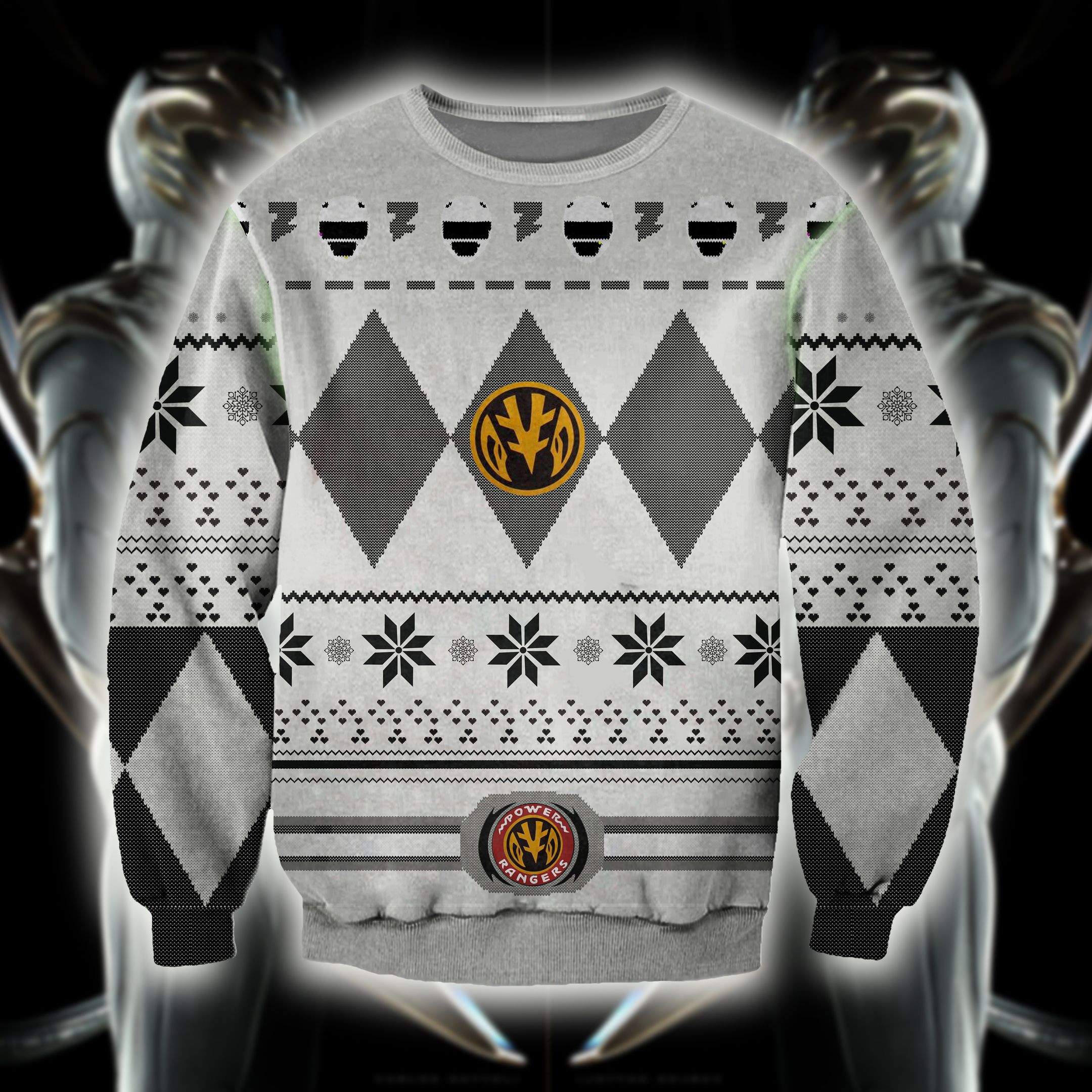 Power Rangers Knitting Pattern 3D Print White Ugly Christmas Sweater Adult 3D Funny Matching for family