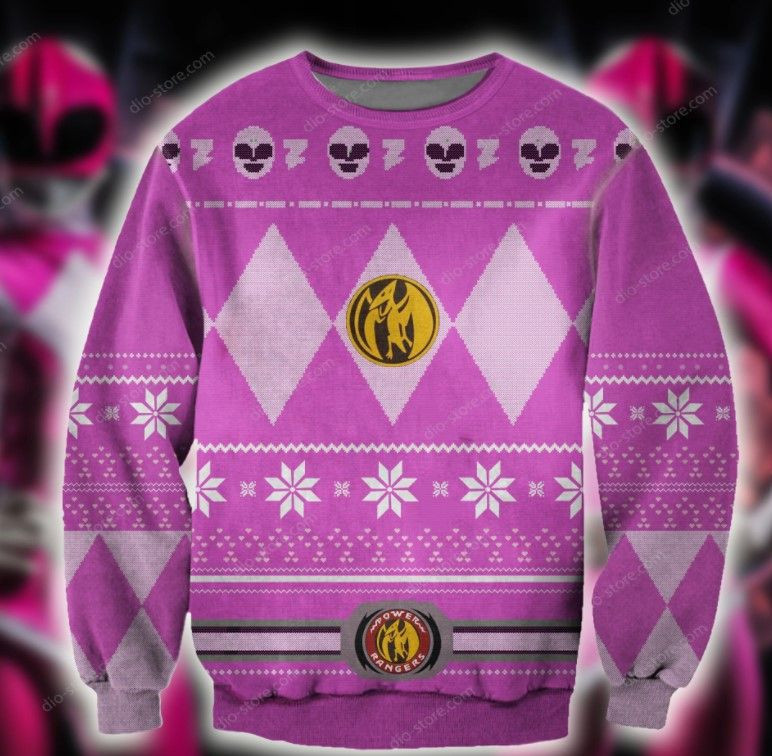 Power Rangers Pink Knitting Pattern Ugly Christmas Sweater Adult 3D Funny Matching for family