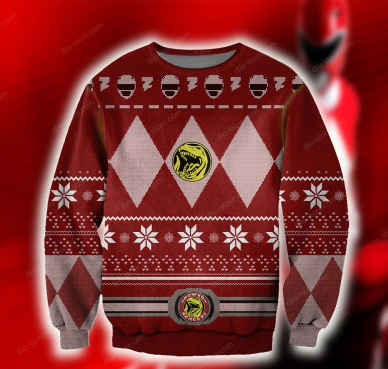Power Rangers Red Knitting Pattern Ugly Christmas Sweater Adult 3D Funny Matching for family