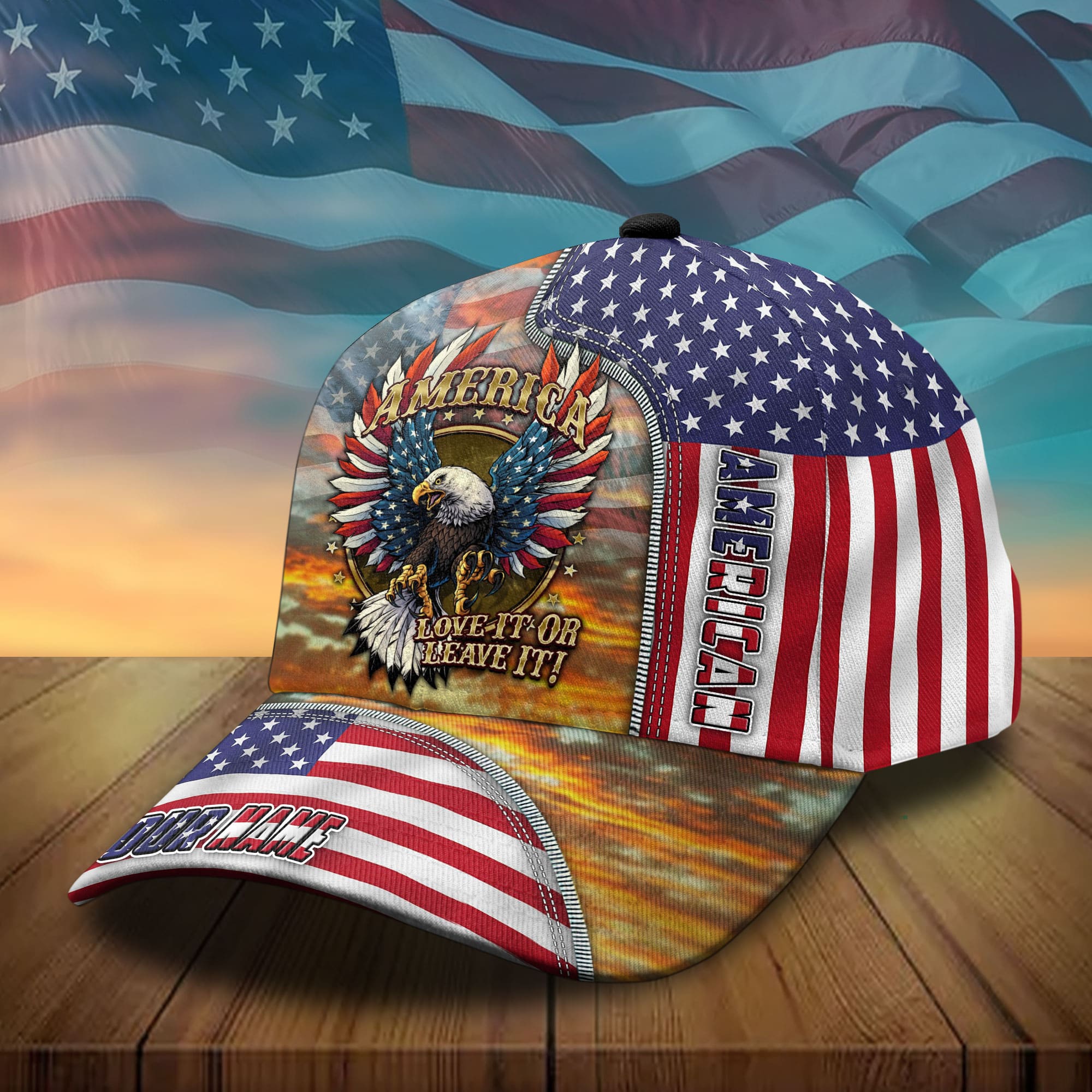 Premium America Love It Or Leave It 3D Patriotic Personalized Trucker Hats Custom Hats Gifts For Men & Women