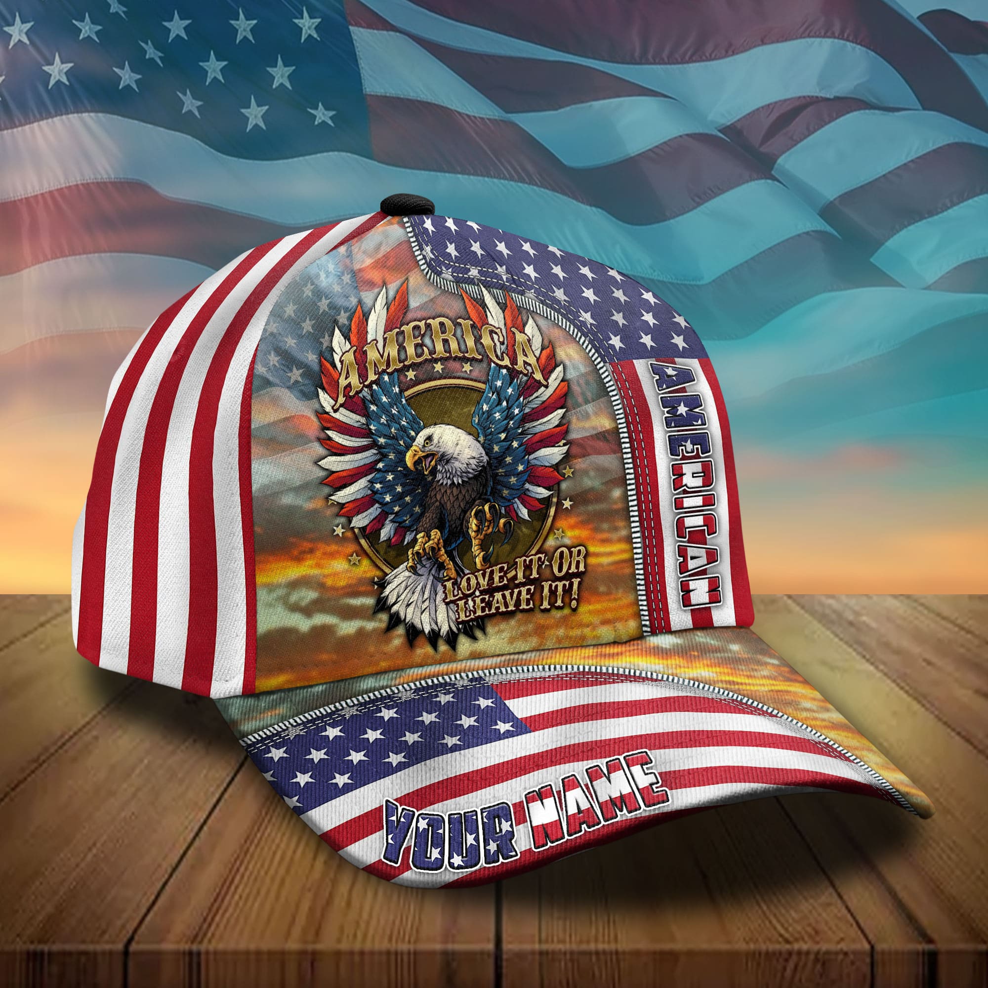 Premium America Love It Or Leave It 3D Patriotic Personalized Trucker Hats Custom Hats Gifts For Men & Women