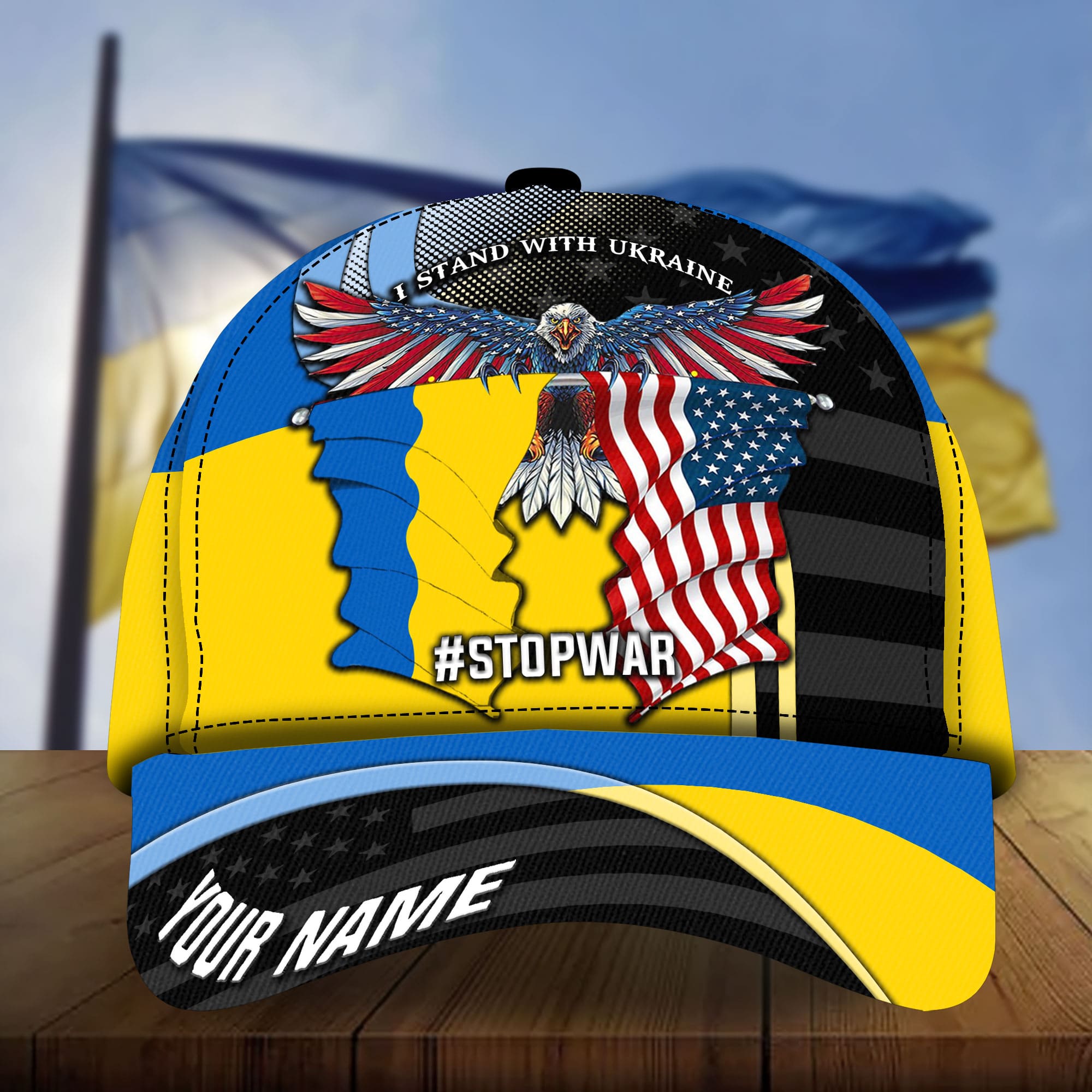 Premium Eagle Flag American Supports Ukraine 3D Cap Personalized Trucker Hats Custom Hats Gifts For Men & Women