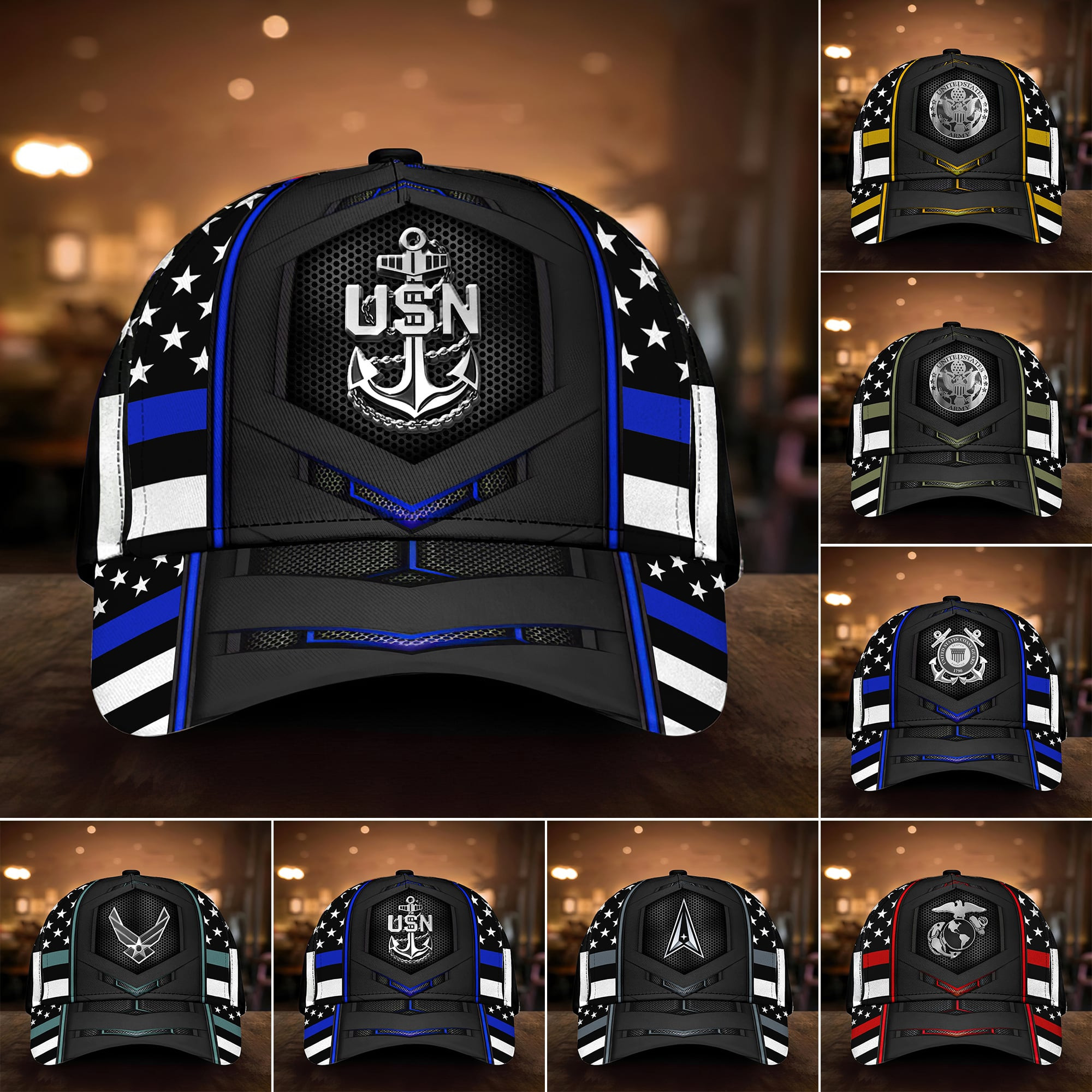 Premium Multiple US Military Services Veteran 3D Cap Trucker Hats Custom Hats Gifts For Men & Women