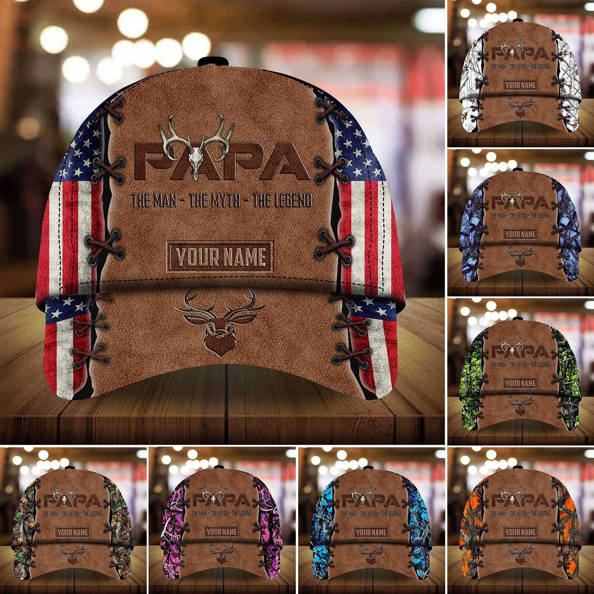 Premium PAPA Deer Hunting Cap 3D Multicolor Personalized Trucker Hats Custom Hats Gifts For Men & Women