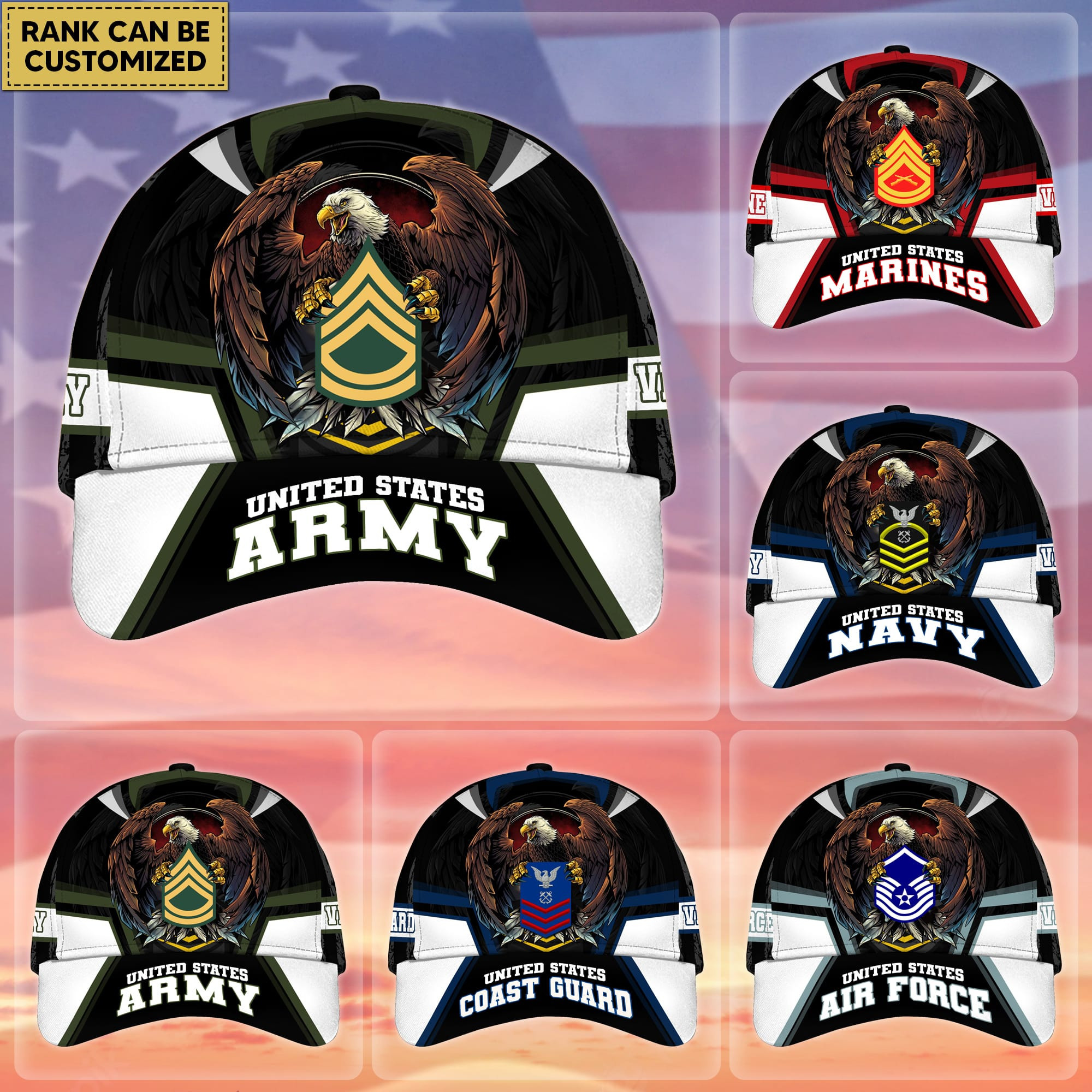 Premium Personalized Custom Rank US Veteran Cap Trucker Hats Custom Hats Gifts For Men & Women
