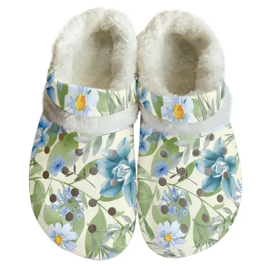 Pretty Blue Floral Crocs Crocband Fleece Lined Clogs Shoes Comfortable For Men Women and Kids In Winter