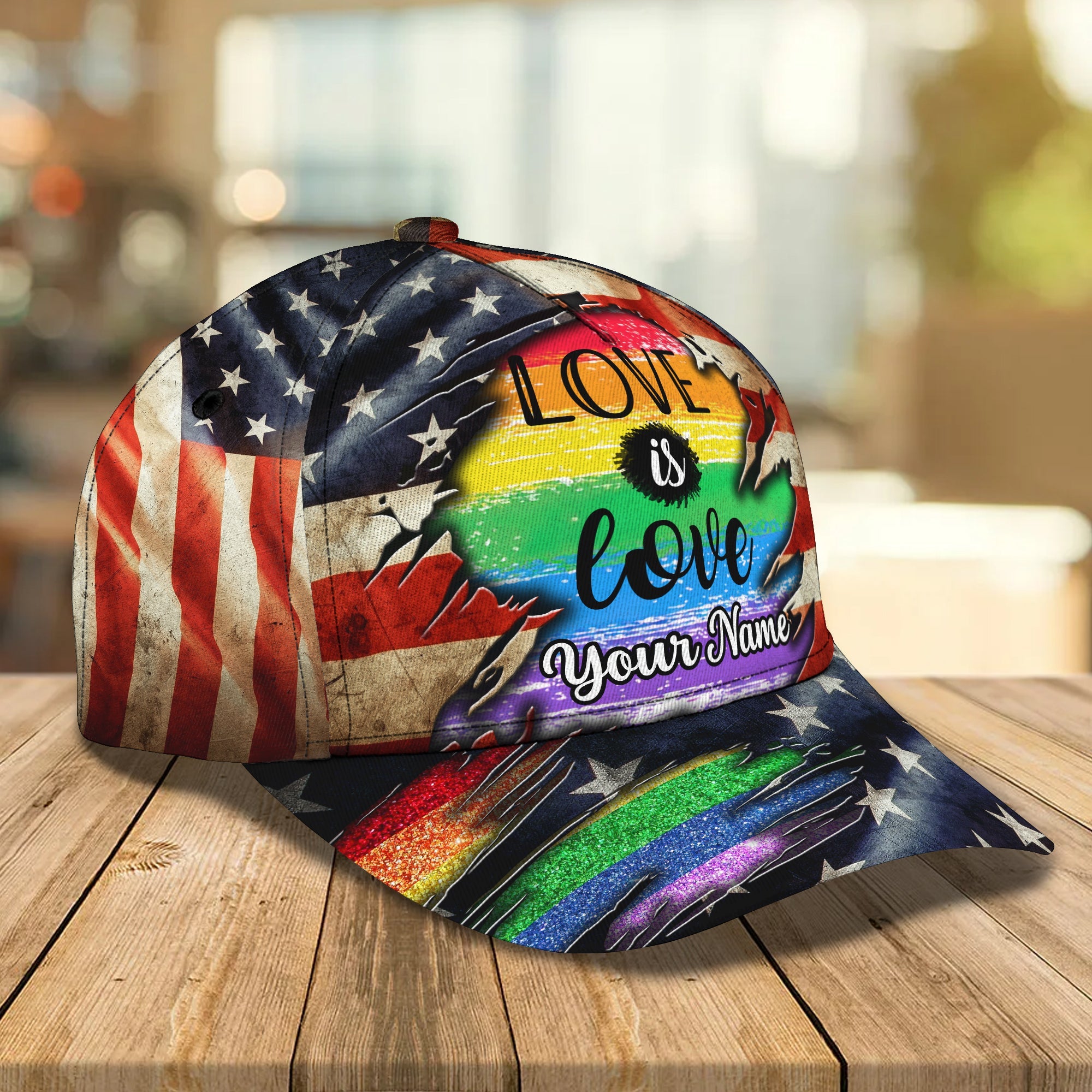 Pride LGBT Personalized Name Cap, Love Is Love With American Flag 3D Cap Trucker Hats Custom Hats Gifts For Men & Women