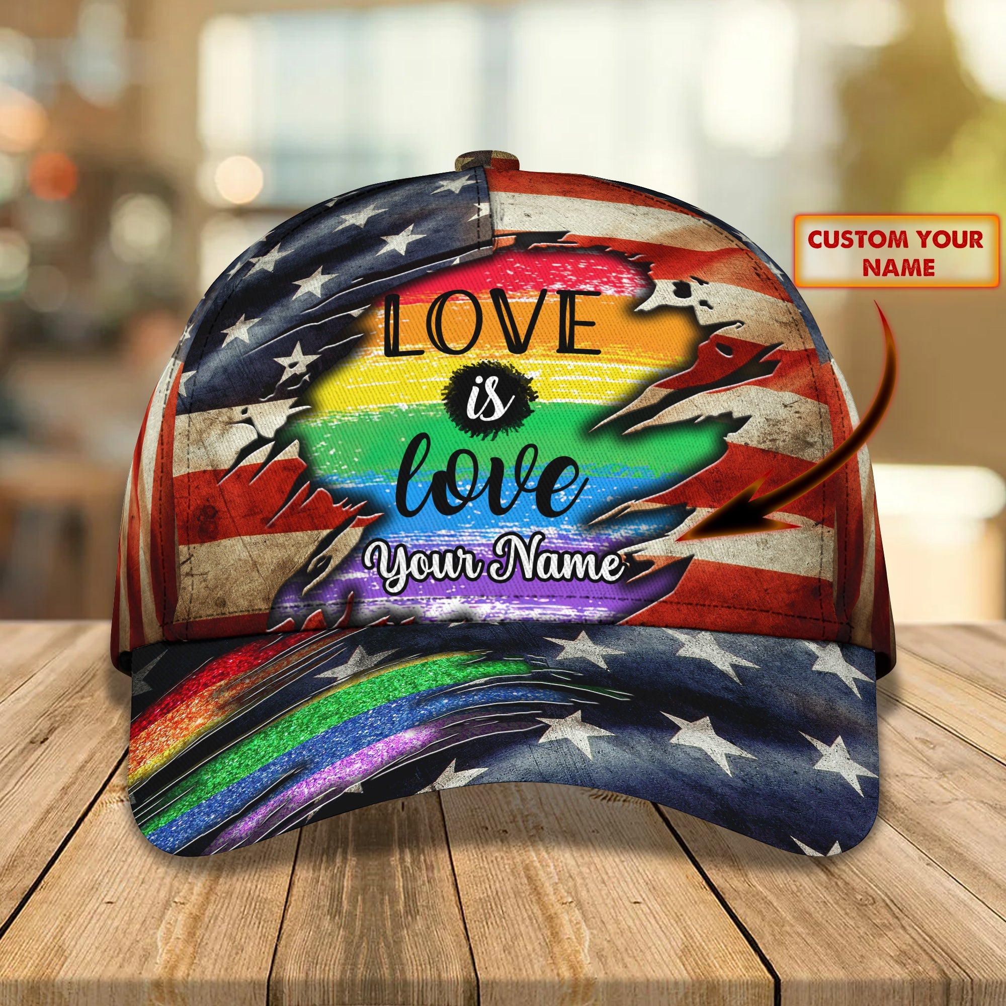 Pride LGBT Personalized Name Cap, Love Is Love With American Flag 3D Cap Trucker Hats Custom Hats Gifts For Men & Women
