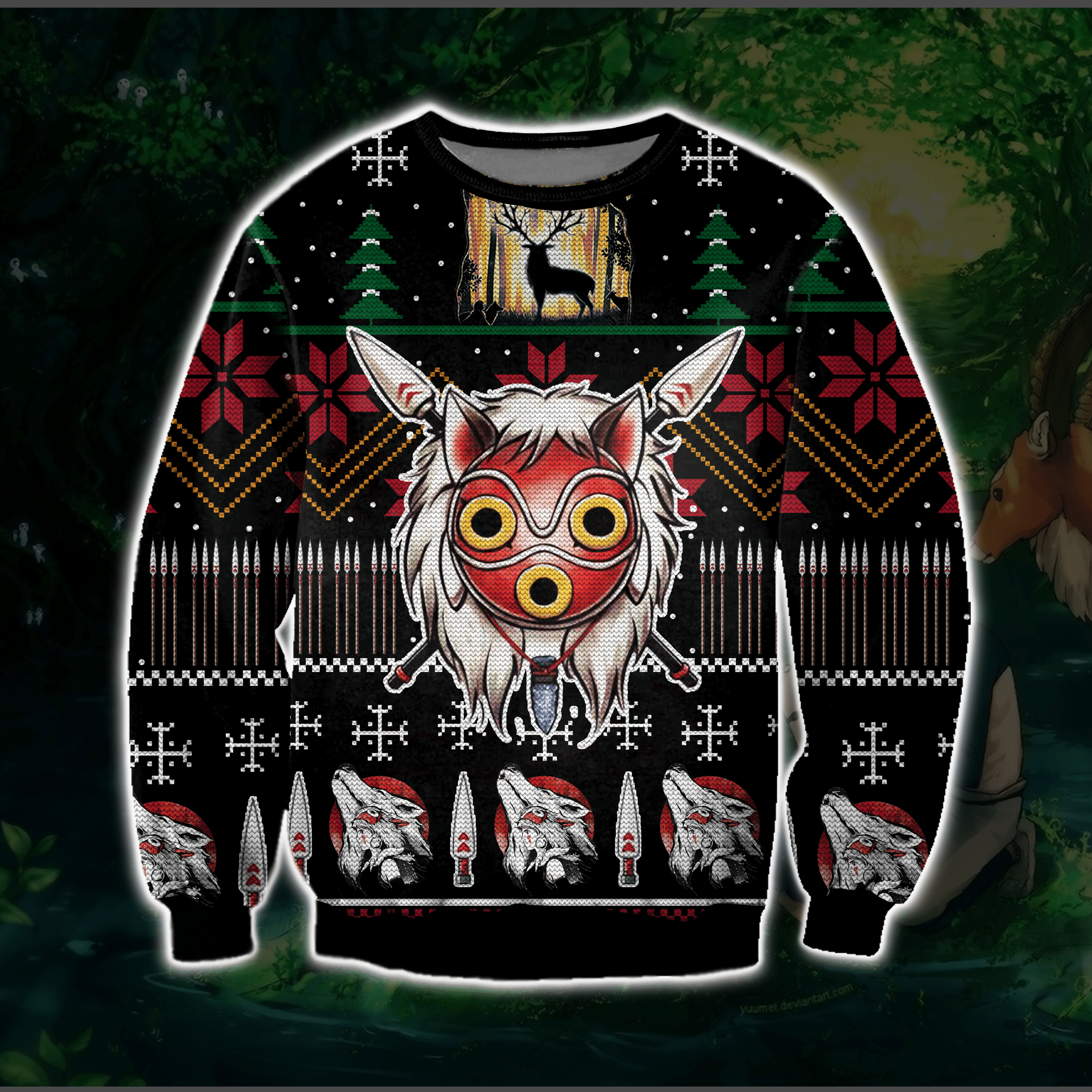 Princess Mononoke Ghibli 3D Print Ugly Christmas Sweater Adult 3D Funny Matching for family