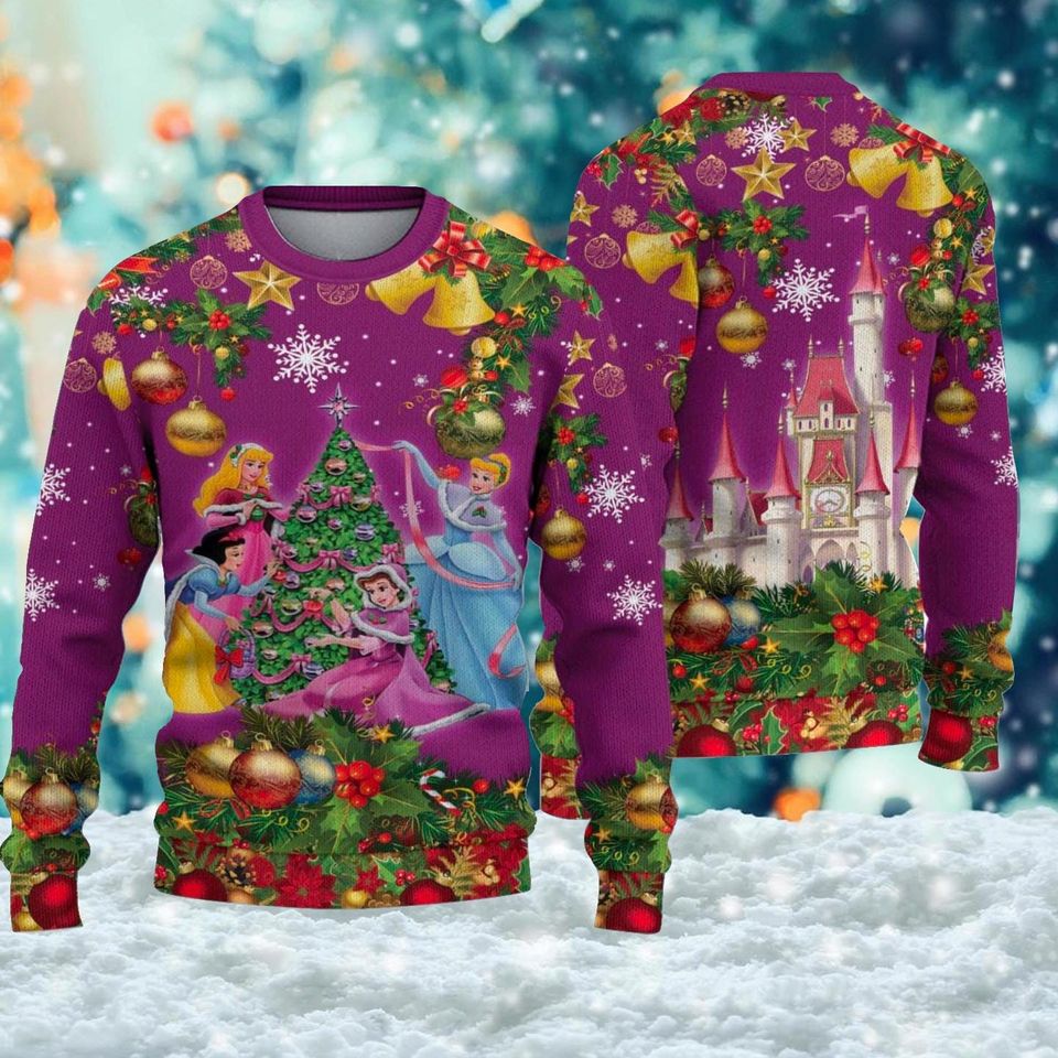 Princesses Purple Rainbow Castle Ugly Christmas Sweater, Princess Christmas Xmas
