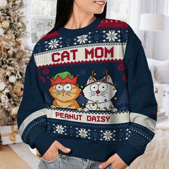 Proud To Be A Cat Mom Christmas Gift For Pet Lover Unisex Wool Jumper Ugly Sweatshirt - Image 6