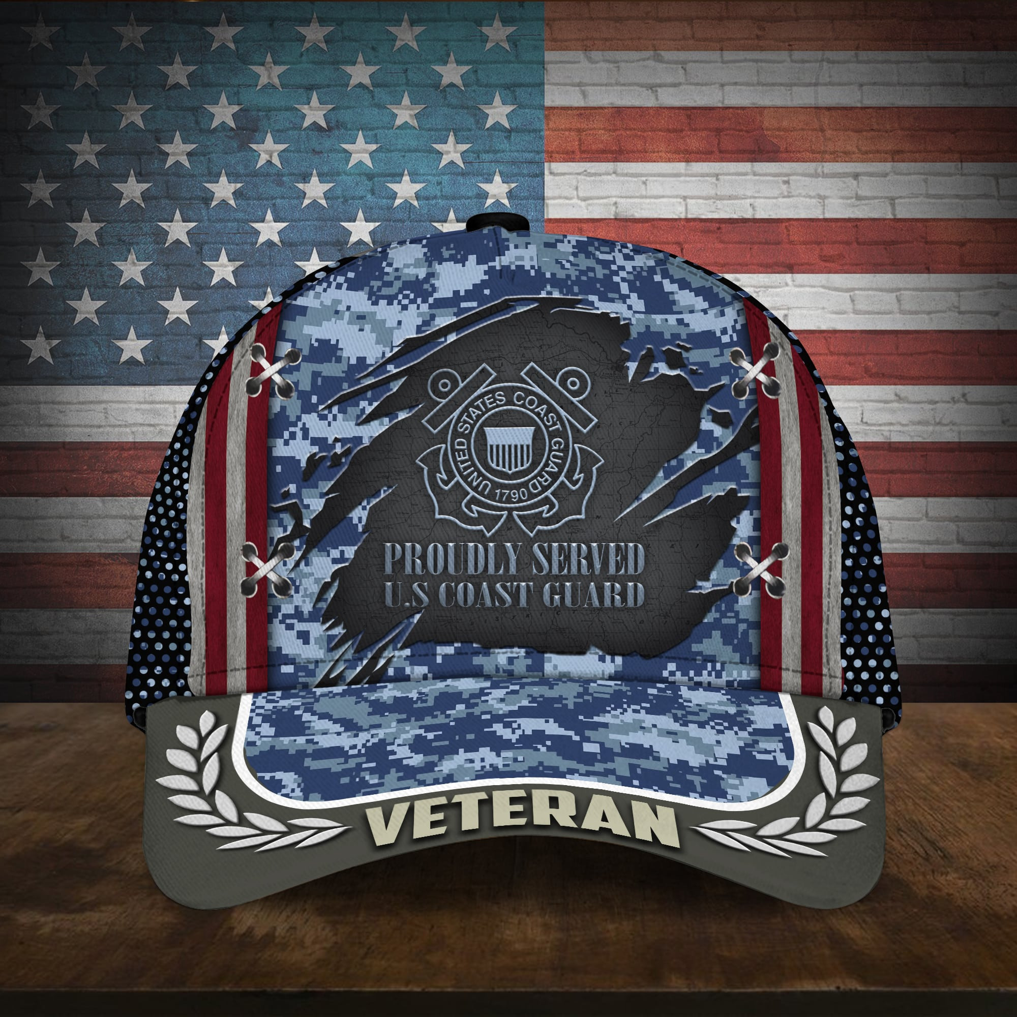 Proudly Served U.S Coast Guard Veteran Cap Camo Cap Trucker Hats Custom Hats Gifts For Men & Women