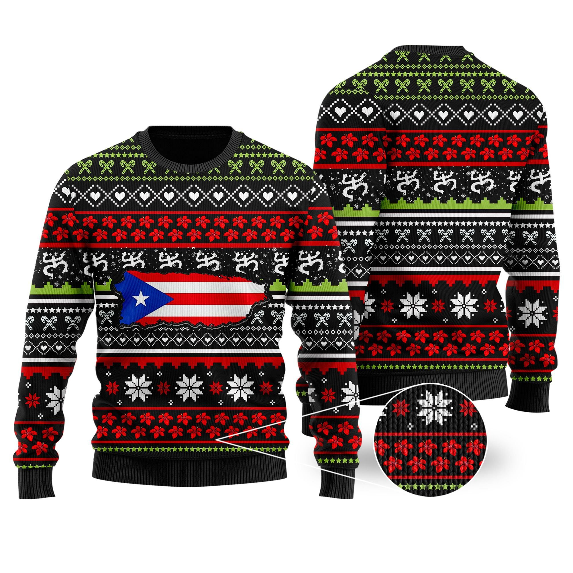 Puerto Rico Map Flag Coqui Taino Frog Noel Pattern For Boricua Puerto Ricans Ugly Christmas Sweater Adult 3D Funny Matching for family