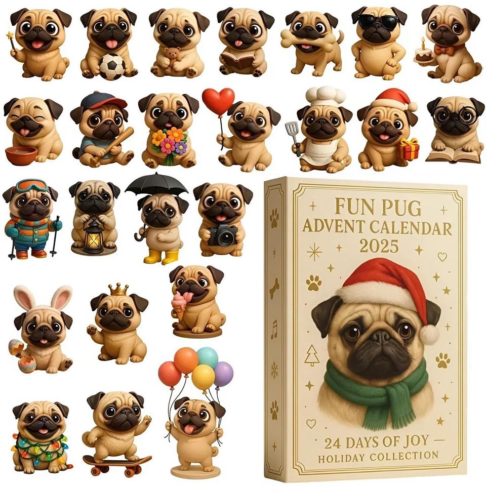 Pug Advent Calendar 2025, 24 Day Pug Dog Figurines : Vintage Christmas Ornament Countdown