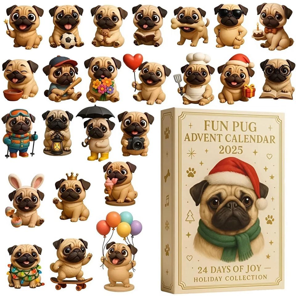 Pug Advent Calendar 2025, 24 Day Pug Dog Figurines : Vintage Christmas Ornament Countdown - Image 2