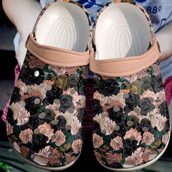 Pug Black Flowers Classic Clogs Shoes