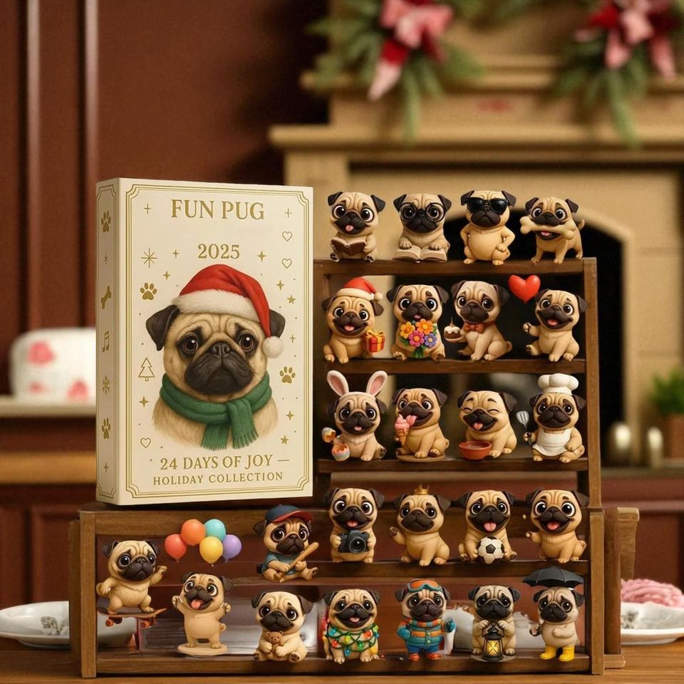 Pug Christmas Advent 2025 24 Days 2D Acrylic Dog, Advent Calendar, Gift for Kids