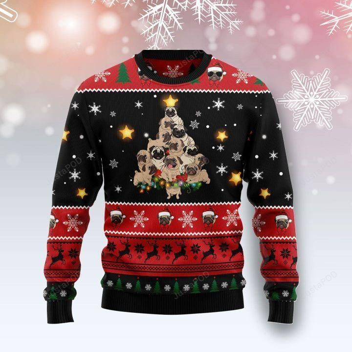 Pug Christmas Tree Ugly Christmas Sweater Adult 3D Funny Matching for family