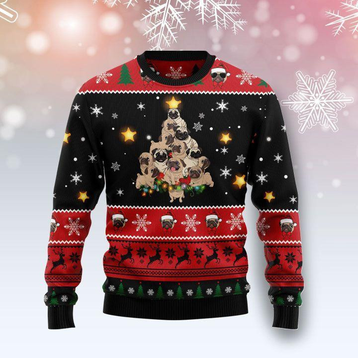 Pug Christmas Tree Ugly Christmas Sweater Adult 3D Funny Matching for family