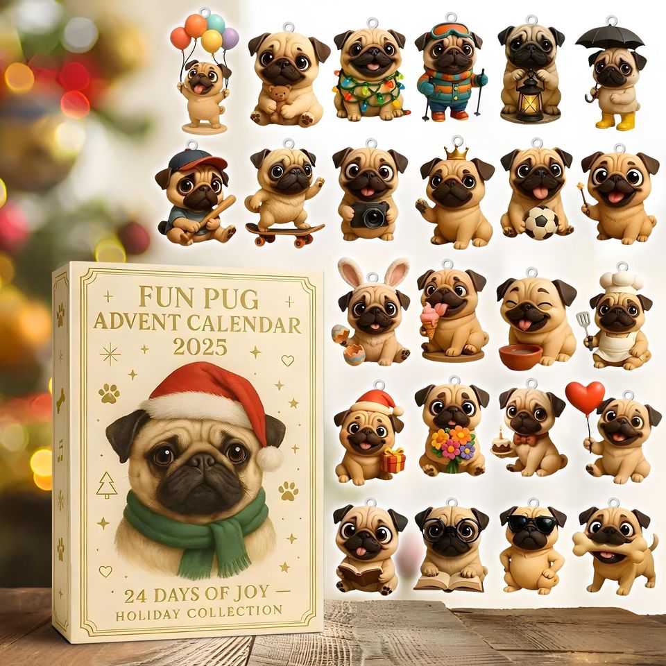 Pug Dog Advent Calendar 2025 2D Acrylic Gift, 24 Pcs Cute Pug Figures, Christmas Countdown Calendar, Unique Holiday Gift, Xmas Decor