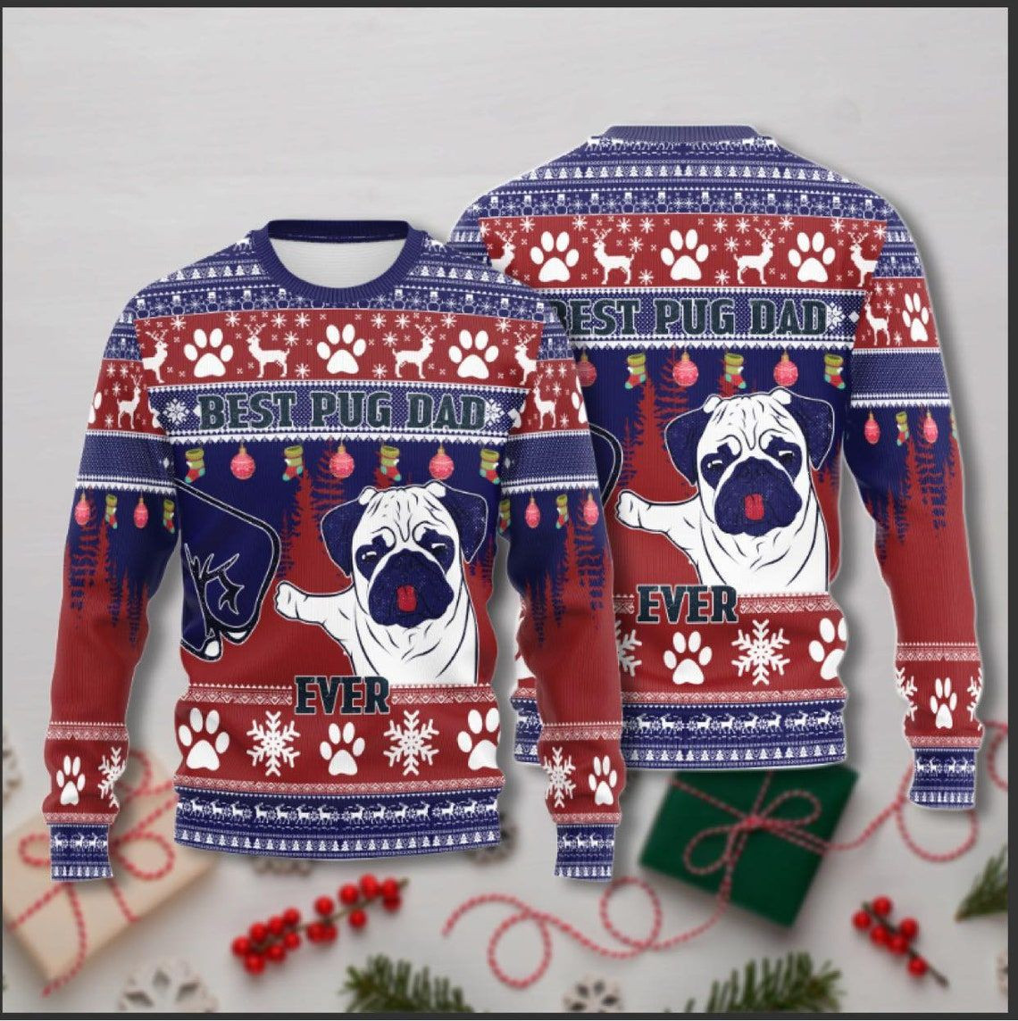 Pug Dog Ugly Christmas Sweater Adult 3D Funny Matching for family