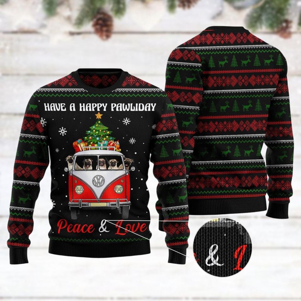 Pug Dogs Carrying Gift Christmas On The Red Car Ugly Christmas Sweater - Image 2