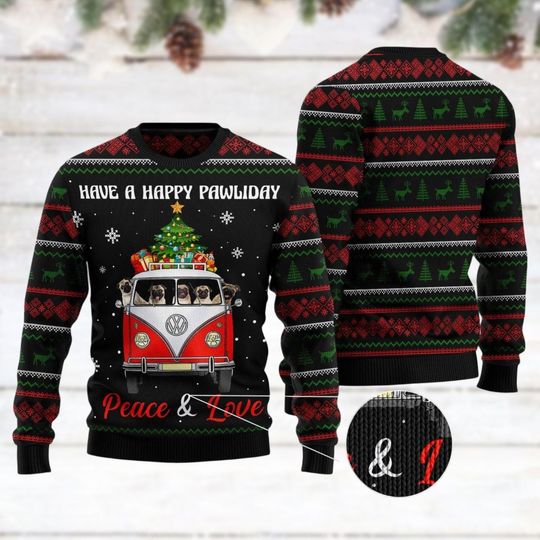 Pug Dogs Carrying Gift Christmas On The Red Car Ugly Christmas Sweater - Image 5