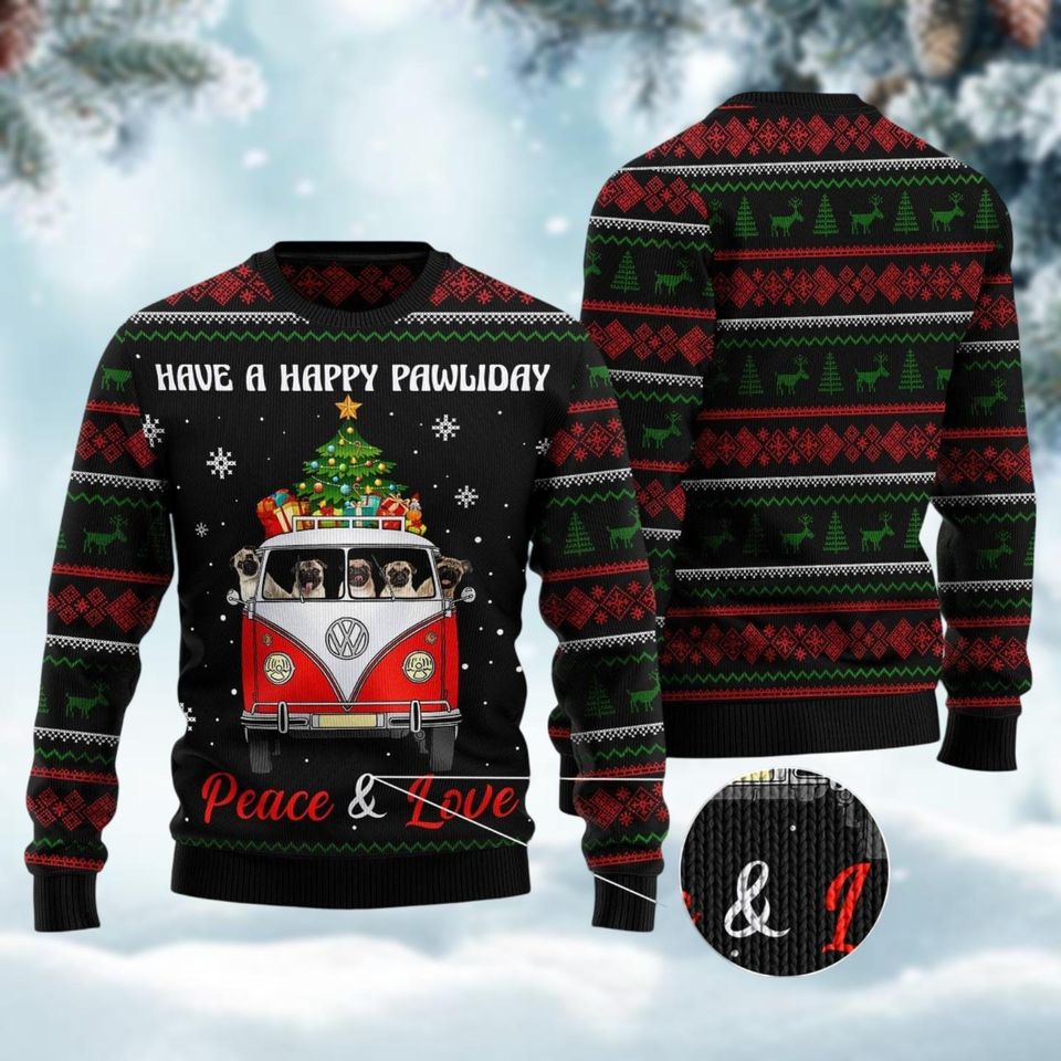 Pug Dogs Carrying Gift Christmas On The Red Car Ugly Christmas Sweater - Image 2