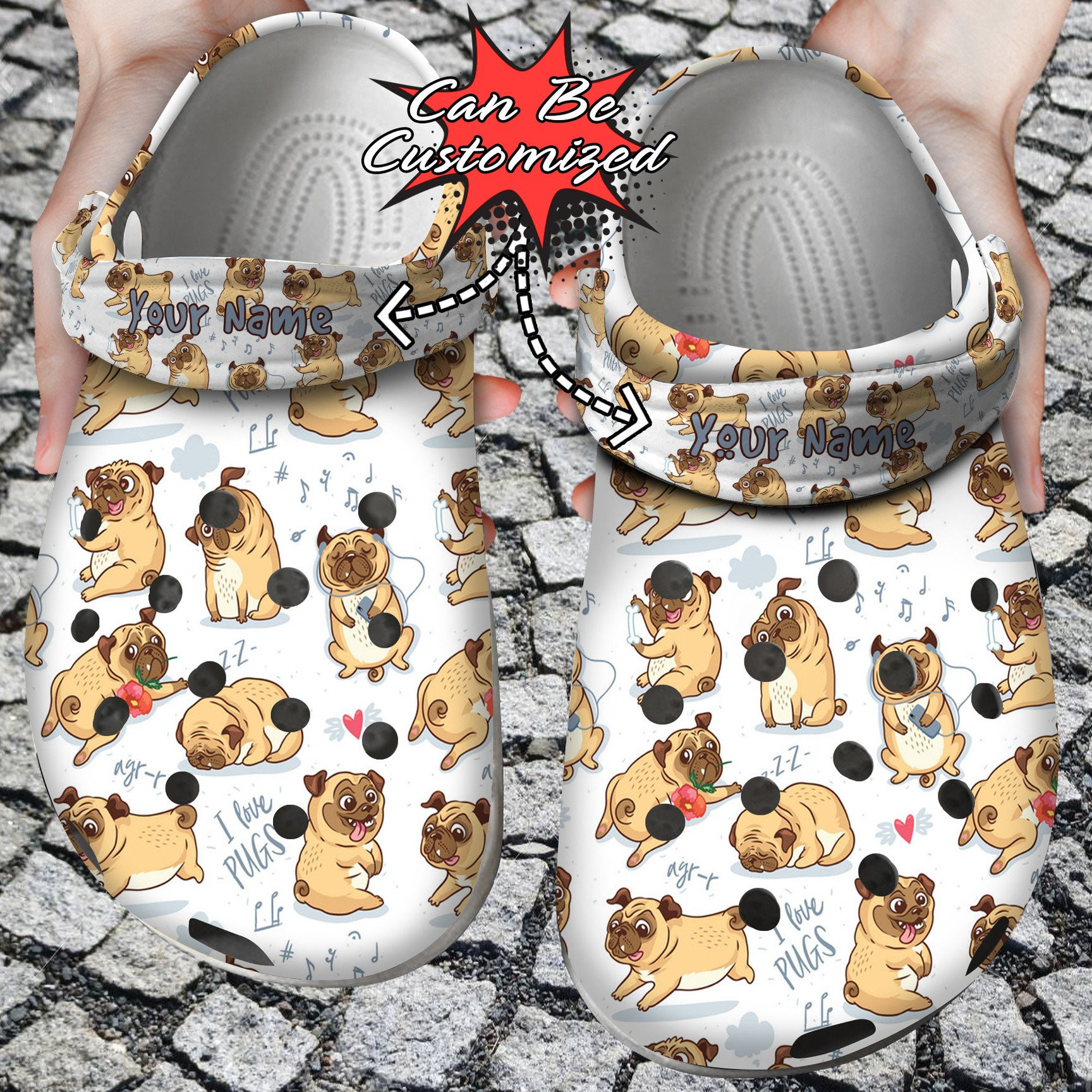 Pug I Love Pugs Personalized clog Shoes Dog