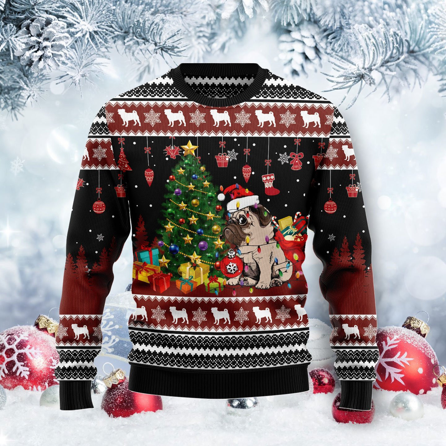 Pug Merry Christmas Ugly Christmas Sweater Adult 3D Funny Matching for family