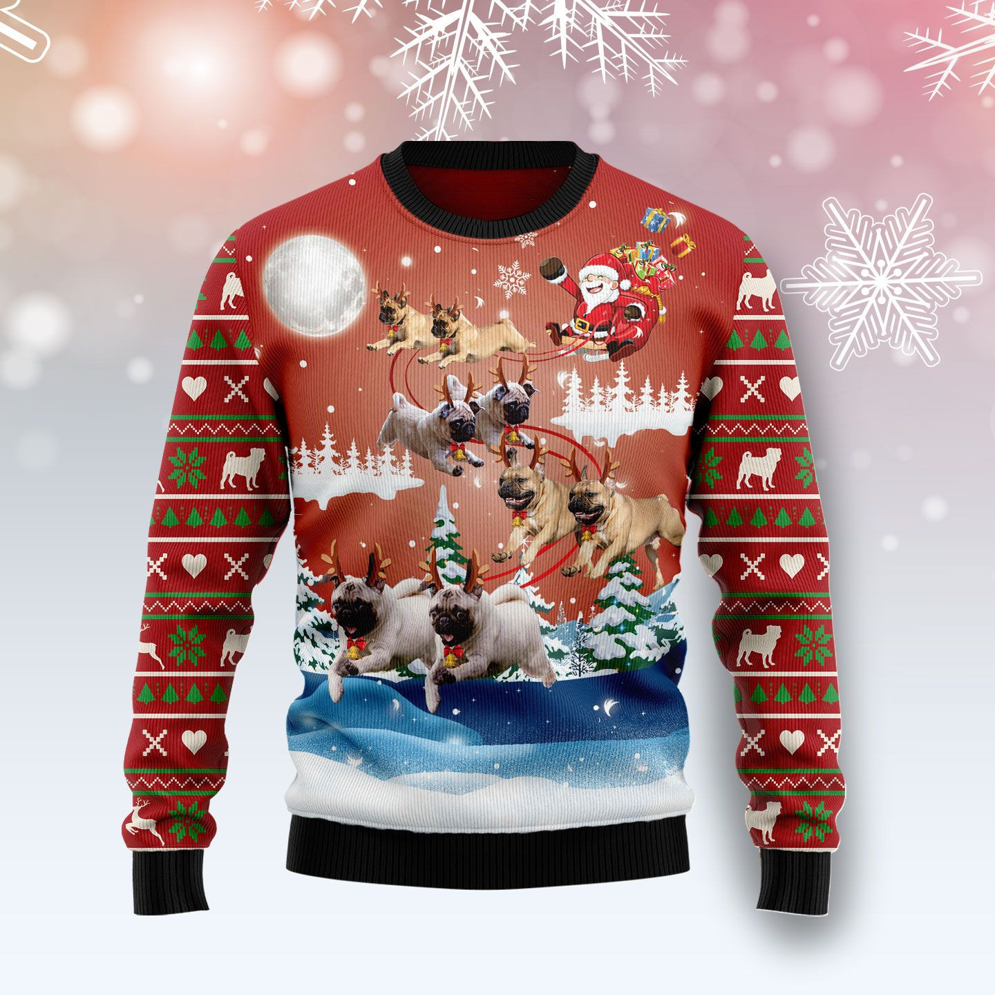 Pug Reindeer Ugly Christmas Sweater Adult 3D Funny Matching for family