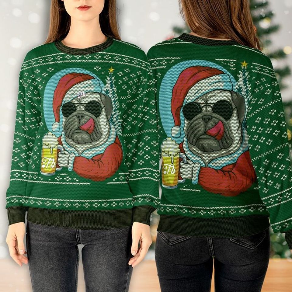 Pug Santa Sweatshirt 3d, Pug And Beer Sweatshirt  3D