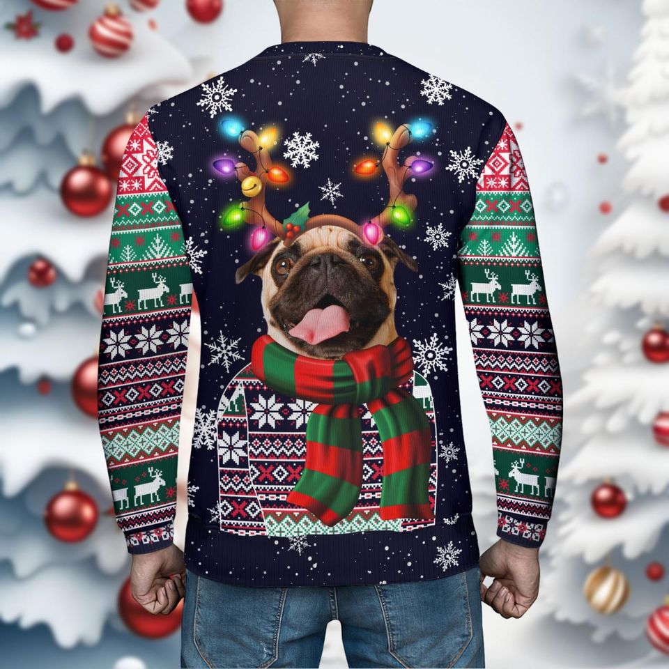 PugDog Christmas Ugly Sweater, Reindeer Bow Light Xmas Ugly Sweatshirt - Image 7