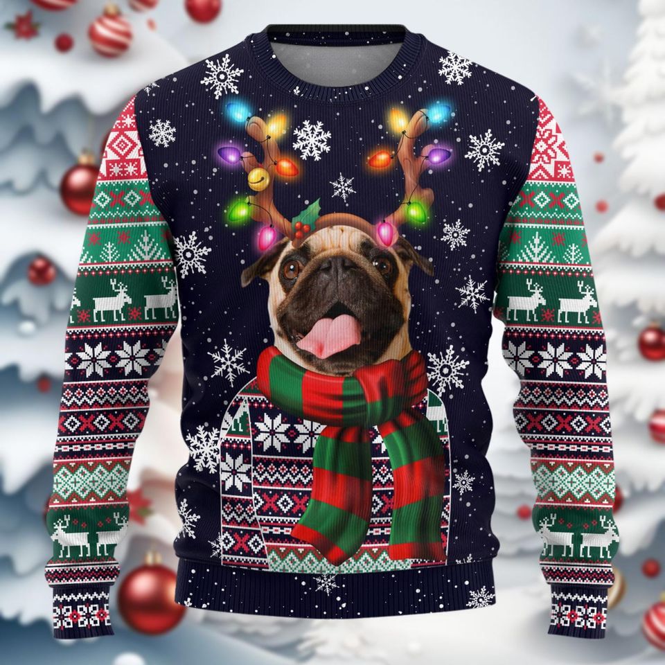 PugDog Christmas Ugly Sweater, Reindeer Bow Light Xmas Ugly Sweatshirt - Image 3