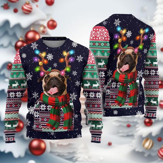 PugDog Christmas Ugly Sweater, Reindeer Bow Light Xmas Ugly Sweatshirt - Image 12