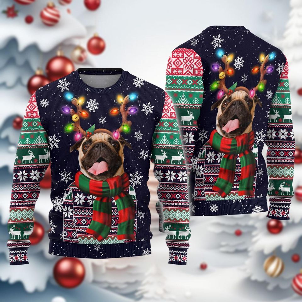 PugDog Christmas Ugly Sweater, Reindeer Bow Light Xmas Ugly Sweatshirt - Image 2