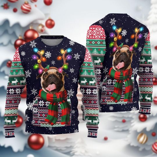 PugDog Christmas Ugly Sweater, Reindeer Bow Light Xmas Ugly Sweatshirt - Image 11