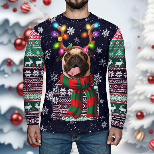 PugDog Christmas Ugly Sweater, Reindeer Bow Light Xmas Ugly Sweatshirt - Image 15