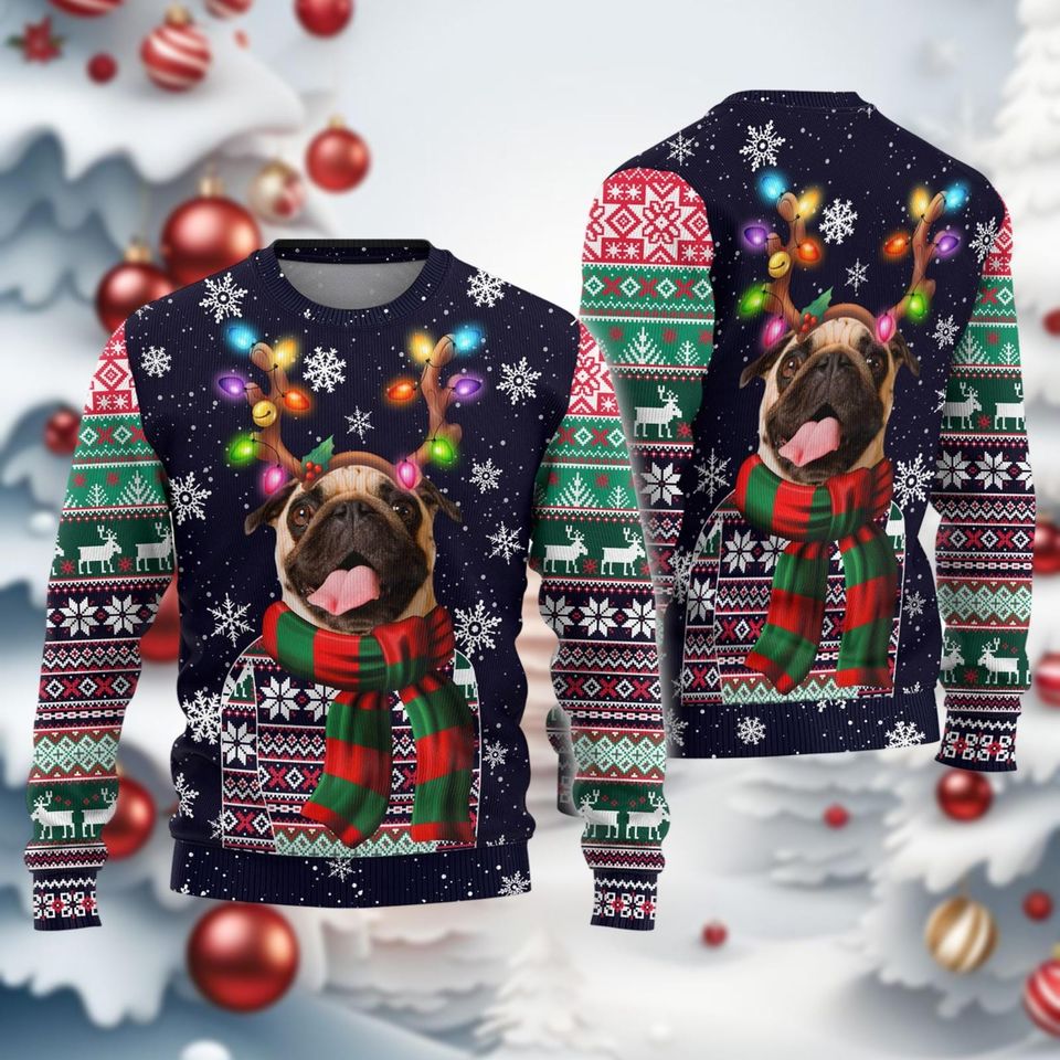 PugDog Christmas Ugly Sweater, Reindeer Bow Light Xmas Ugly Sweatshirt