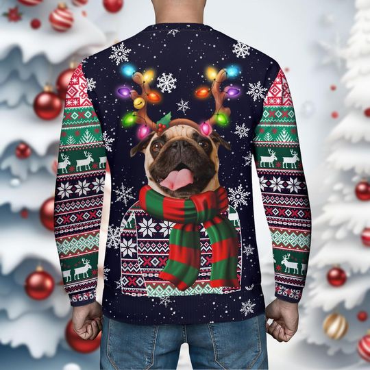 PugDog Christmas Ugly Sweater, Reindeer Bow Light Xmas Ugly Sweatshirt - Image 17