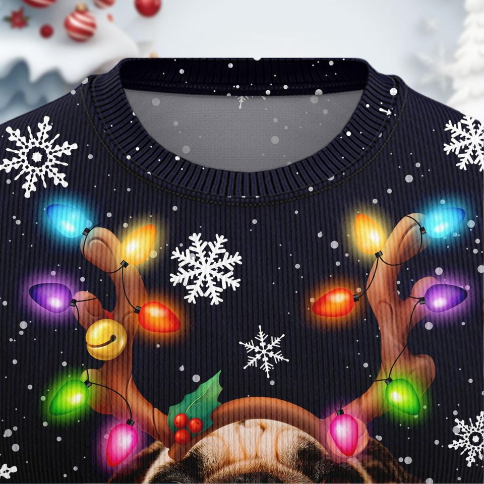 PugDog Christmas Ugly Sweater, Reindeer Bow Light Xmas Ugly Sweatshirt - Image 8
