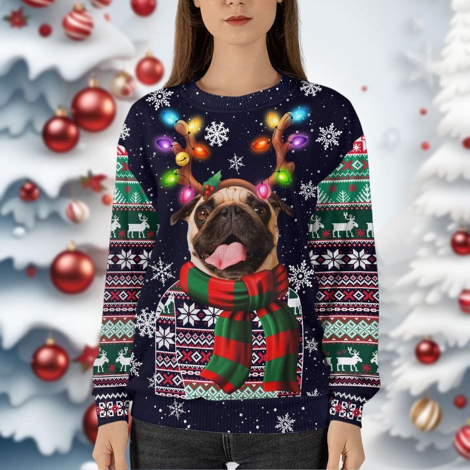PugDog Christmas Ugly Sweater, Reindeer Bow Light Xmas Ugly Sweatshirt - Image 6