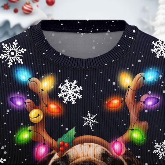 PugDog Christmas Ugly Sweater, Reindeer Bow Light Xmas Ugly Sweatshirt - Image 18