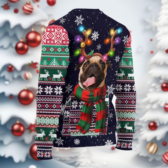 PugDog Christmas Ugly Sweater, Reindeer Bow Light Xmas Ugly Sweatshirt - Image 14