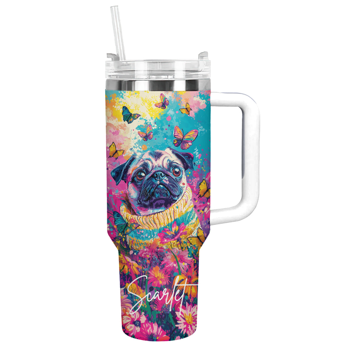 Puggy Dog Floral Paradise Custom Stanley Cup 40 oz 30 oz Tumbler With HandleTVC2301292