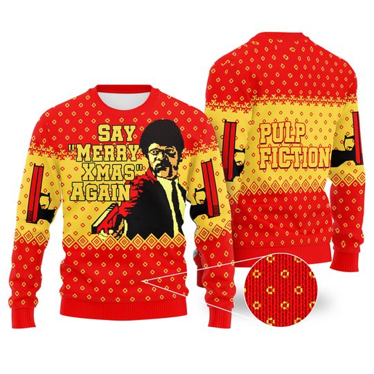 Pulp Fiction Christmas Sweatshirt | Jules Winnfield Say What Again Ugly Sweater | - Image 5
