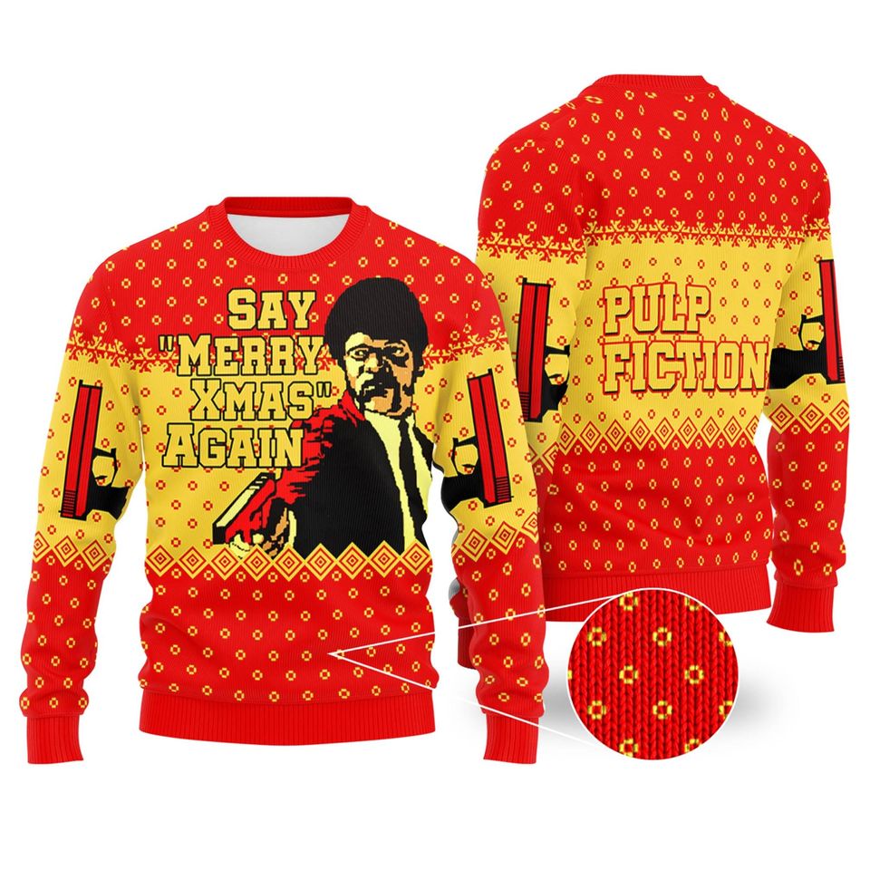 Pulp Fiction Christmas Sweatshirt | Jules Winnfield Say What Again Ugly Sweater | - Image 2